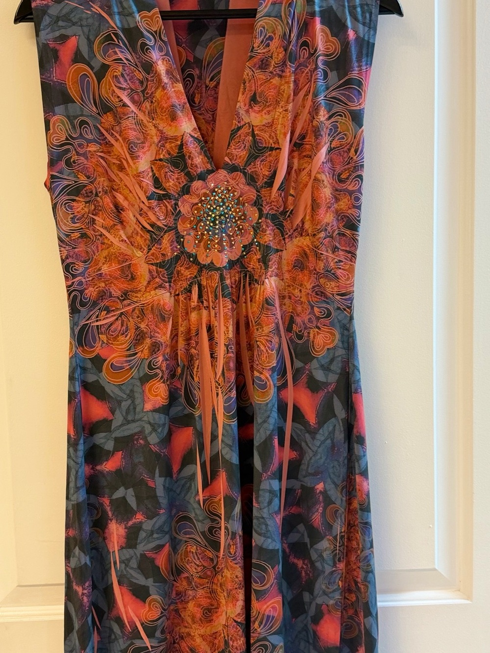 Unity World Wear Orange and Black Floral V-Neck Maxi Dress with Beaded Medallion